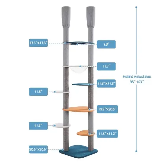 Yaheetech 8-8.6FT Adjustable Floor-to-Ceiling Cat Tree, Blue/Orange image {2}