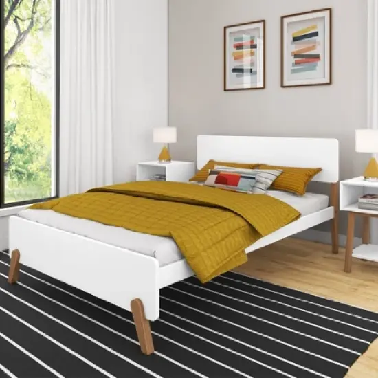Max & Lily Mid-Century Modern Full-Size Panel Bed, White/Pecan image {1}
