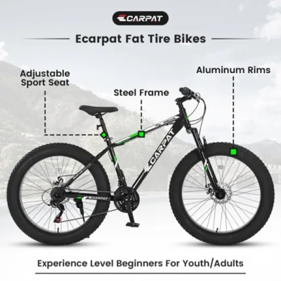 Aukfa 26-Inch Fat Tire Mountain Bike for Adults & Teens, 21-Speed, Dual Disc Brakes, Front Suspension, Steel Frame image {5}