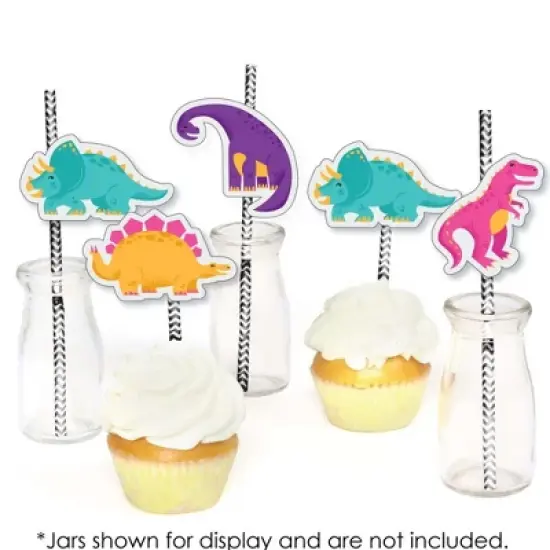 Big Dot of Happiness Roar Dinosaur Girl - Paper Straw Decor - Dino Mite T-Rex Baby Shower or Birthday Party Striped Decorative Straws - Set of 24 image {3}