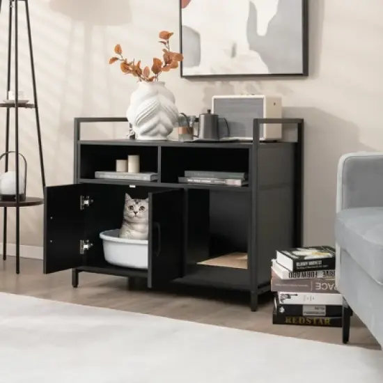 Tangkula Large Litter Box Enclosure Cat Wooden Storage Cabinet with 2 Doors image {2}