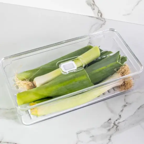 OU Fridge Organizer Bin with Vented Lid, Clear Stackable Refrigerator Storage Bin, Produce Kitchen Storage Container, 11.8" Depth, BPA Free image {9}