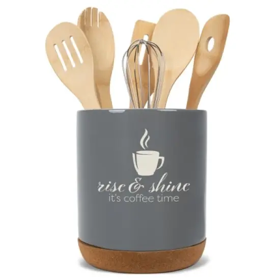 Elanze Designs Rise and Shine It's Coffee Time Barista Ceramic Cork Bottom Gray Large Capacity Utensil Holder Crock for Countertop Storage, Stylish & image {4}