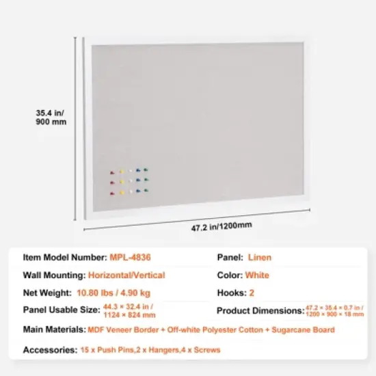 VEVOR 48"x36" White Cork Board with Linen Surface &ndash; Stylish Wall-Mounted Bulletin Board for Home, School, Office, White image {7}