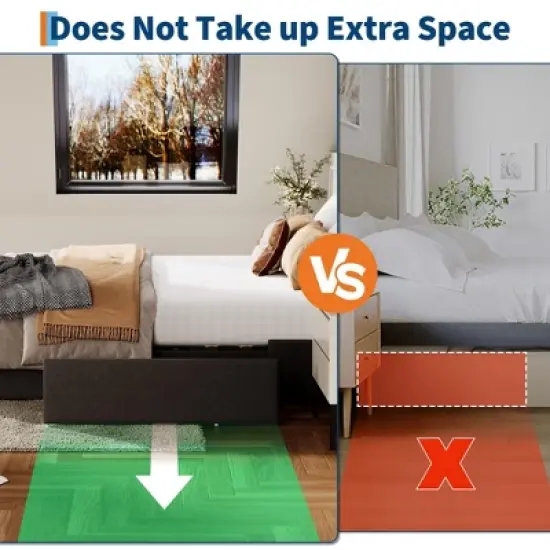 King Bed Frame with 3 Storage Drawers, Fabric Upholstered Platform Bed, Wooden Slats Support, Dark Grey image {2}