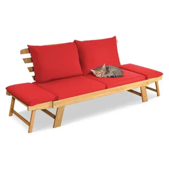 Tangkula Adjustable Patio Sofa Daybed Acacia Wood Furniture w/ Red Cushions image {10}