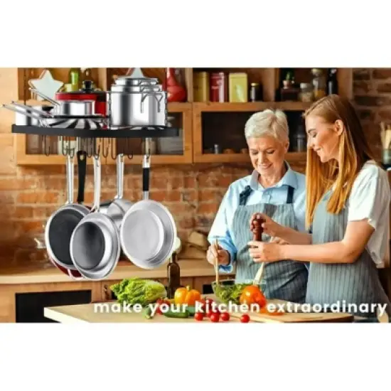 MaseiKar Hanging Pot Rack Ceiling Mount Cookware Organizer with 12pcs Hooks Pots and Pans Storage 33' Oval Pan Hangers for Kitchen, Easy Assembly image {7}