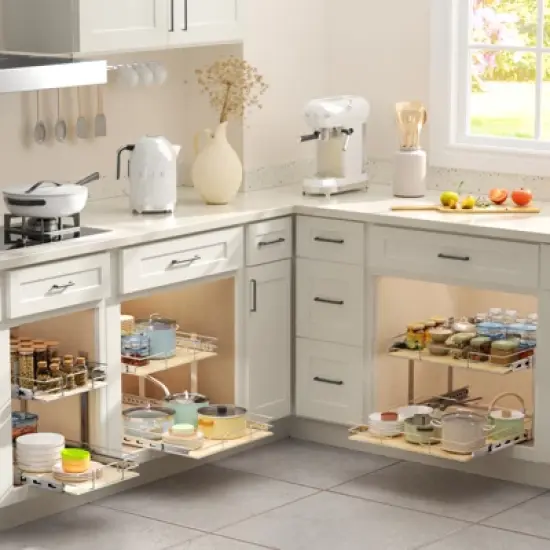LOVMOR 2 Tier Individual Pull Out Cabinet Organizer, Slide Out Wood Shelves Organizers, Pull Out Drawers Organization and Storage for Kitchen Cabinet image {5}