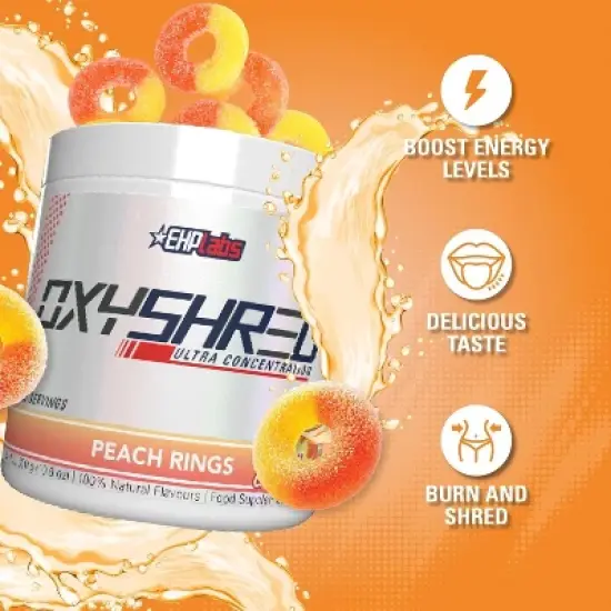 EHPlabs OxyShred Thermogenic Pre Workout & Fat Burner - Clinically Proven Preworkout Powder with Acetyl L Carnitine - Peach Candy Rings, 60 Servings image {2}