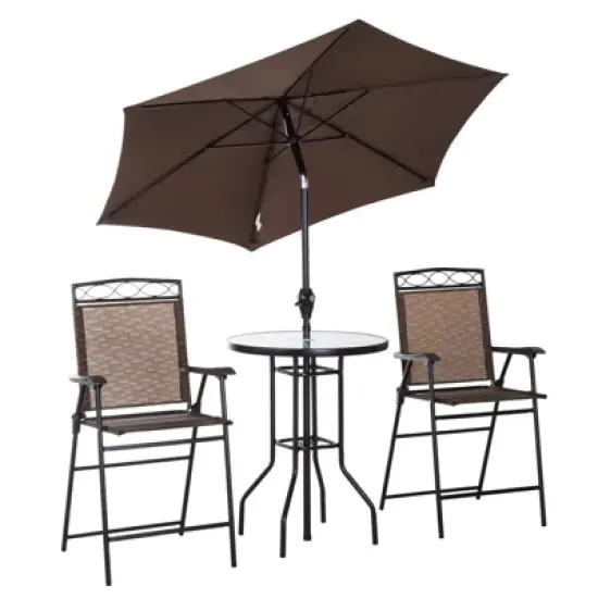 Outsunny 4 Piece Patio Bar Set for 2 with 6' Adjustable Tilt Umbrella, Outdoor Bistro Set with Folding Chairs & Glass Round Dining Table image {6}