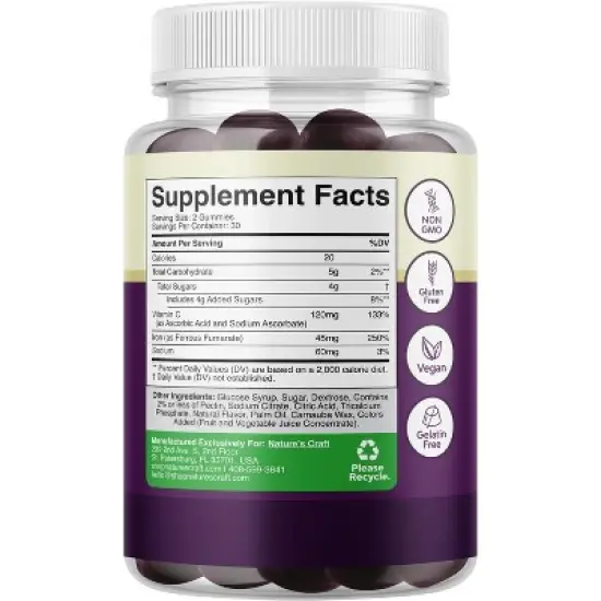 Super Iron Gummy, Chewable Iron Supplement for Women and Men with Vitamin C for Higher Absorption, Grape Flavor, Nature's Craft, 60ct image {2}