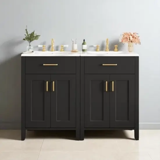 48" Freestanding Double Bathroom Vanity with Dual Ceramic Sinks, Solid Wood Cabinet with 4 Soft-Close Doors, No Faucet image {13}