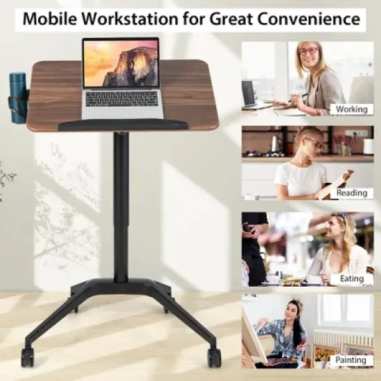 Costway Pneumatic Standing Desk Tilting Adjustable Laptop Cart Mobile Podium Cup Holder image {7}