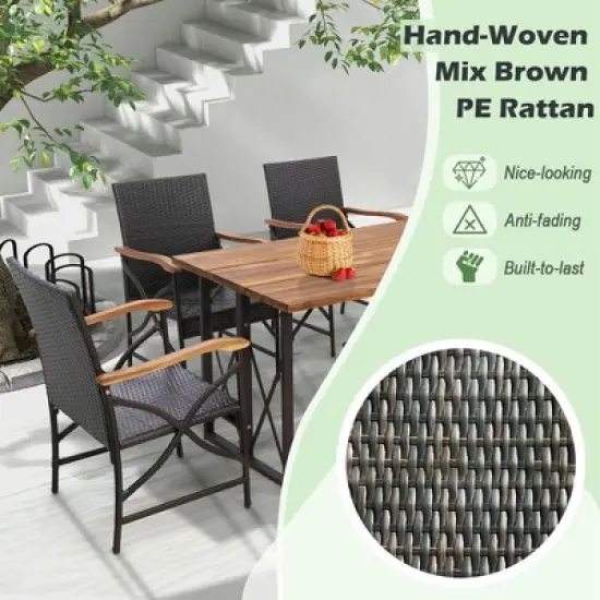 Costway 7 PCS Patio Rattan Dining Set Acacia Wood Table 6 Wicker Chairs with Umbrella Hole image {6}