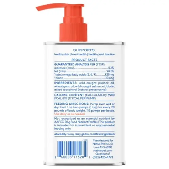 Native Pet Pump Bottle Omega Oil with Fish for Dogs - 8 fl oz image {1}