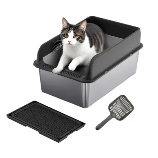 XL Stainless Steel Litter Box with Lid, Litter Box for Big Cats with Sifter Scoop and Double Layer Litter Mat, 8" Deep Metal Cat Litter Box image {6}