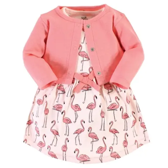 Touched by Nature Baby and Toddler Girl Organic Cotton Dress and Cardigan, Pink Flamingo image {3}