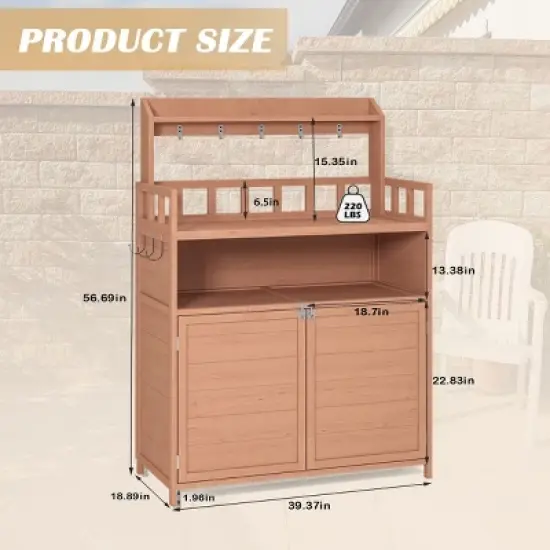 Outdoor Potting Bench with Storage Cabinet & Hooks,Solid Wood Gardening Work Table for Patio-The Pop Home image {3}