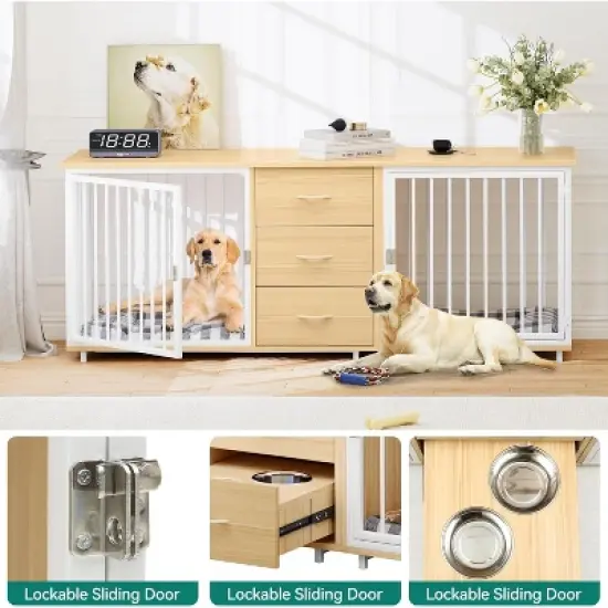 QuestaPack 74" Double Dog Crate Furniture with 2 Feeder Bowls image {2}
