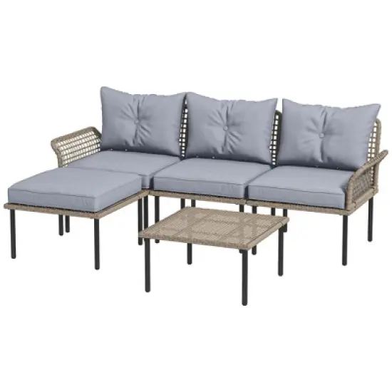 Outsunny 5 Pieces Patio Furniture Set with Cushions, Sofa, Chaise Lounge, Stool, Coffee Table image {3}