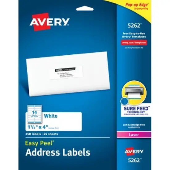 Avery Easy Peel Address Labels, Sure Feed Technology, Permanent Adhesive, 1-1/3" x 4", 350 Labels (5262) image {9}