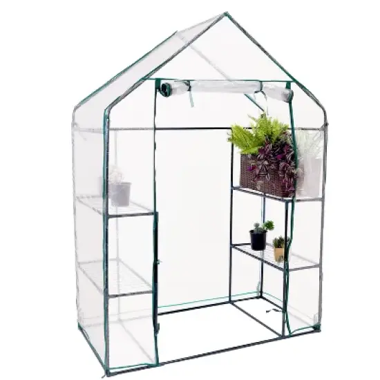 Sunnydaze Outdoor Portable Tiered Growing Rack Deluxe Walk-In Greenhouse with Roll-Up Door - 4 Shelves - Clear - 54" x 28" x 77" image {8}