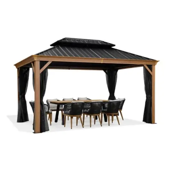 PURPLE LEAF Outdoor Hardtop Gazebo for Patio Galvanized Steel Double Roof Permanent Canopy Teak Finish Aluminum Frame Pavilion Gazebo with Netting image {9}