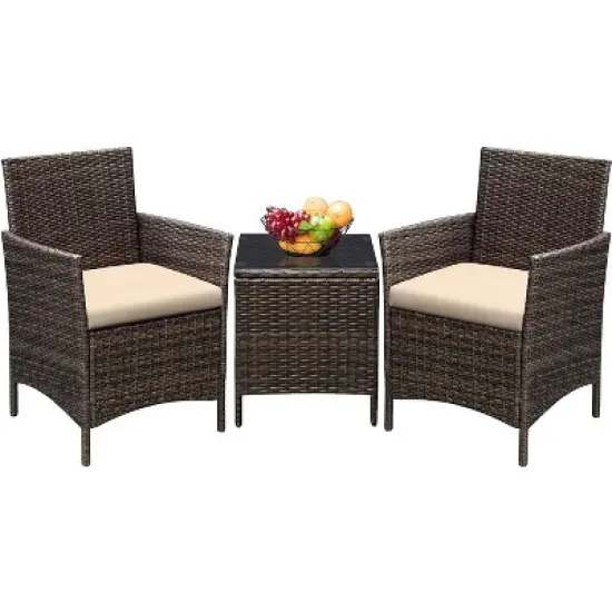 Garvee Patio Porch Furniture Sets 3 Pieces PE Rattan Wicker Chairs with Table Outdoor Garden Furniture Sets image {1}
