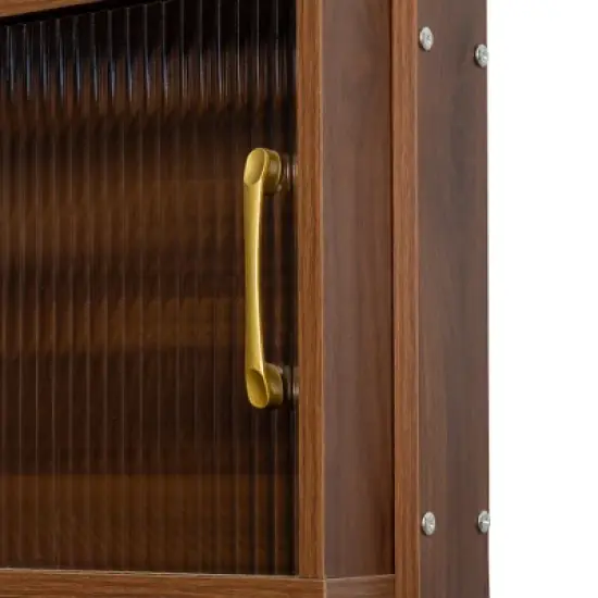 LIVAREEmlen Kitchen Baker's Racks with 2 Sliding Striped Glass Doors,Freestanding Storage Cabinet for Bottles,Wine,Coffee Machine,Microwave Oven image {5}