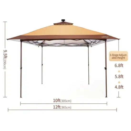 Suntime 12 x 12 Instant Pop Up Gazebo Polyester Canopy Tent Shelter with Solar LED Lights, 4 Zippered Screens, and Powder Coated Steel Frame, Brown image {4}