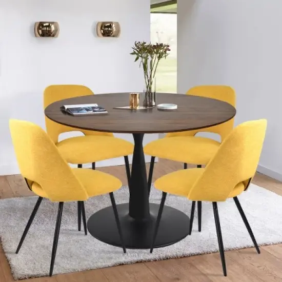 Harold+Edwin 5-Piece Walnut Foil  Round Top Pedestal Dining Table Set with 4 Upholstered Chairs -The Pop Maison image {1}