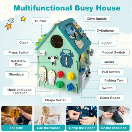 Costway Wooden Busy House Montessori Toy with Sensory Games & Interior Storage Space Blue/Pink image {5}
