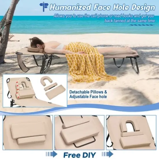 Tangkula 5-Position Lounge Chair Adjustable Beach Chaise w/ Face Cavity & Pillows image {6}