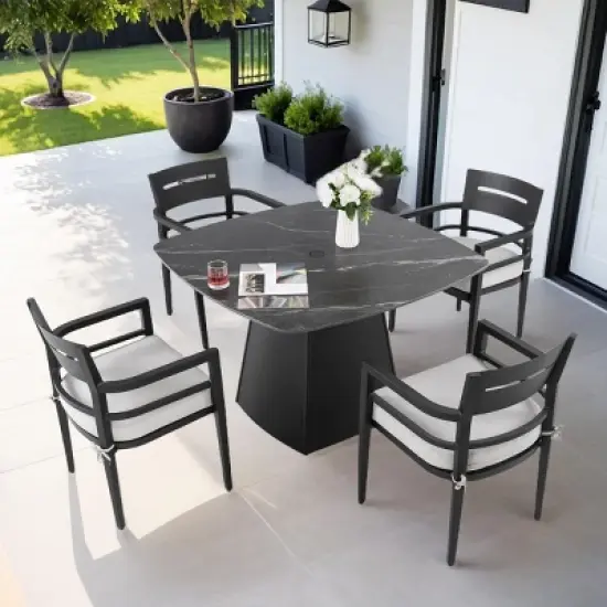 5-Piece Aluminum Outdoor Patio Dining Set, 44" Square Sintered Stone Table and 4 Armchairs with Sunbrella Cushions - Cuddlewood image {7}