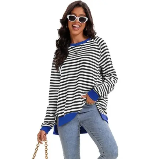 ATHLECHIC Women's Split Hem Striped Color Block Crew Neck Casual Loose Oversized Sweatshirt Shirt Tops image {4}