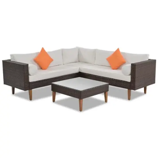 FIONECA 4-Piece Outdoor Wicker Sofa Set, L-Shaped Patio Furniture with Beige Cushions, Brown Rattan & Colorful Accent Pillows image {6}