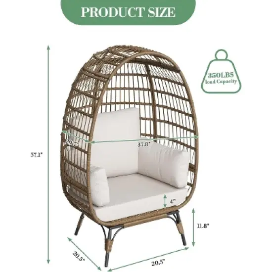 Outdoor Patio Wicker Egg Chair, PE Rattan Chair with Thick Cushion, Oversized Indoor Outdoor Lounger, Egg Shaped Seat with Metal Stand, Beige image {2}