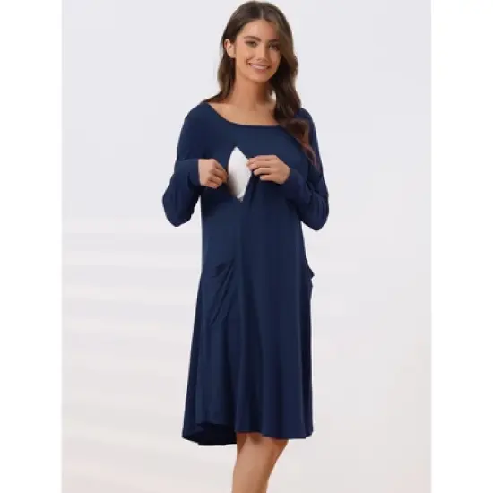 cheibear Womens Casual Round Neck Maternity Long Sleeve Loungewear Dress with Pockets image {1}