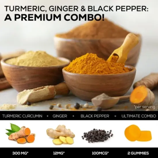 Turmeric Gummies with Black Pepper & Ginger for Best Absorption, 95% Curcuminoids Tumeric Curcumin - 120 Gummies By Nature's Nutrition image {4}
