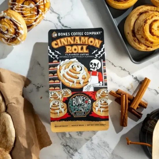 Bones Coffee Company Cinnamon Roll Ground Coffee Beans Cinnamon Roll Flavor 12 oz Medium Roast (Ground) image {3}