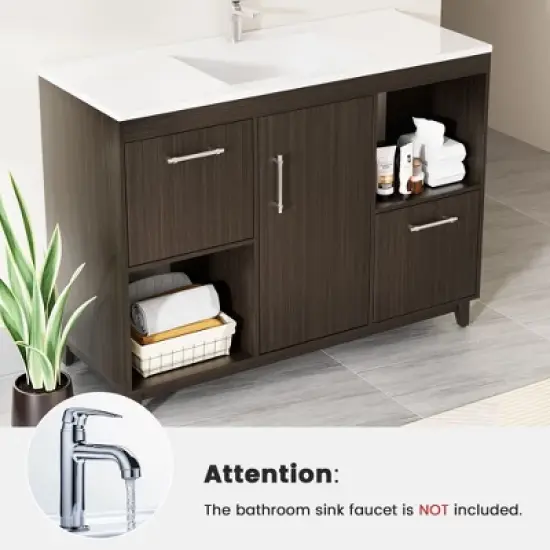 HYLEORY 48.03 in. W X 18.11 in. D X 35.04 in. H Basin Vanity with White Marble Top, Drawers and Open Shelf image {8}