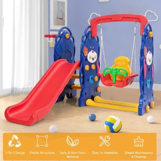 3 in 1 Toddler Climber and Swing Set Kid Climber Slide Playset w/Basketball Hoop image {3}