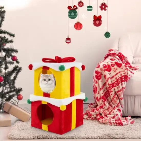 Tangkula 2-Storey Cute Christmas Cat House w/ Bow 2 Condos Indoor Cat Furniture Modern image {4}