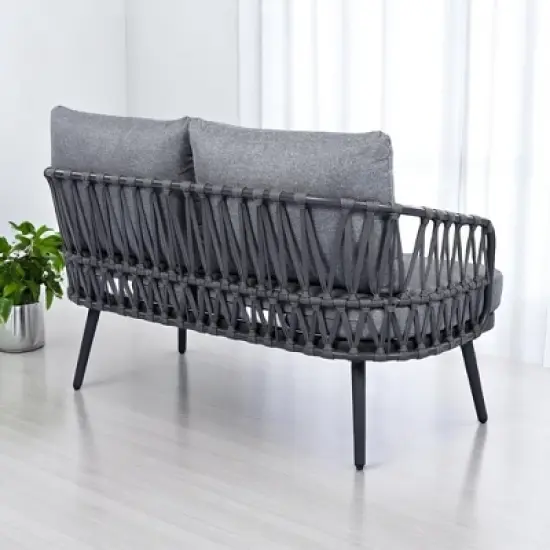 4-Piece Outdoor Conversation Set with Woven Rope U-Shaped Backrest, Acacia Wood Coffee Table, Water-Repellent Cushions image {6}