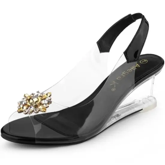 Allegra K Women's Clear Slingback Wedges Rhinestone Transparent Peep Toe Heels image {7}