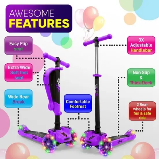 Hurtle ScootKid 3 Wheel Toddler Child Mini Ride On Toy Tricycle Scooter with Colorful LED Light Up Smooth Rolling Wheels, Purple image {1}