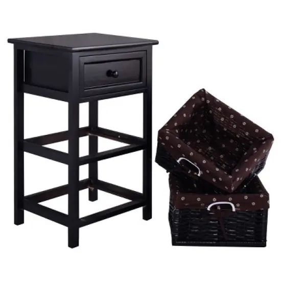 Costway Black Night Stand 3 Tiers 1 Drawer Bedside End Table Organizer Wood W/2 Baskets image {4}