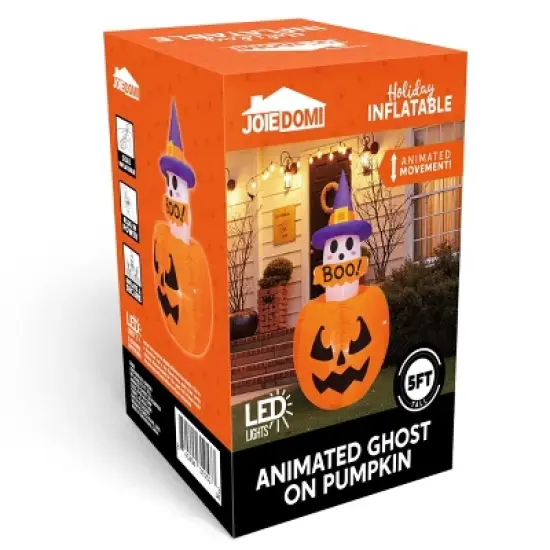 Joyfy 5FT Halloween Inflatables Outdoor Decorations, Animated Inflatable Ghost on Pumpkin with LEDs for Halloween Outdoor Yard Lawn Garden Decoration image {8}