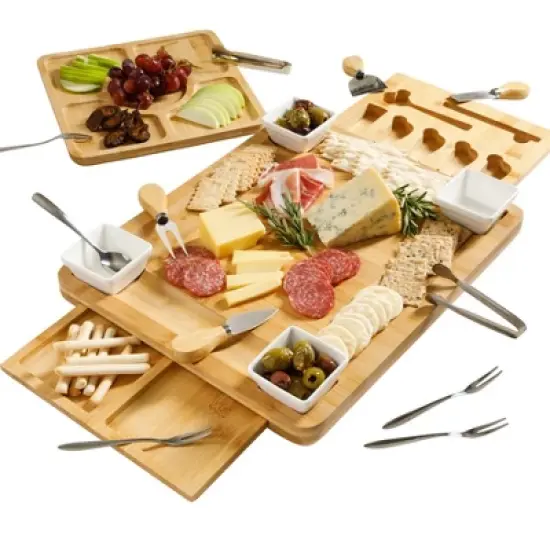 Gibson Home Rustic Inspirations 18-Piece Bamboo Charcuterie Board Set with Hidden Drawer, Ceramic Bowls, Utensils image {8}