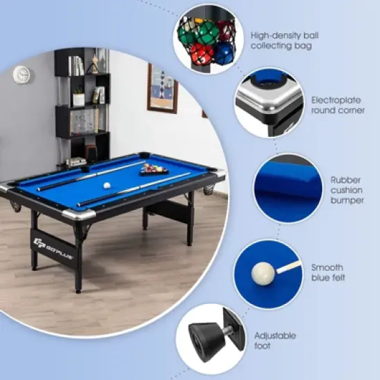 Costway 6 FT Billiard Table 76 Inch Foldable Pool Table Perfect for Kids and Adults Blue image {6}